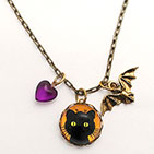 Green Eyed Cat with BAt Charm and Purple Heart Bead BraceletGreen Eyed Cat with BAt Charm and Purple Heart Bead Necklace